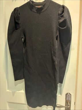 QED London Black Puff Sleeve Mock Neck Knit Bodycon Mini Dress